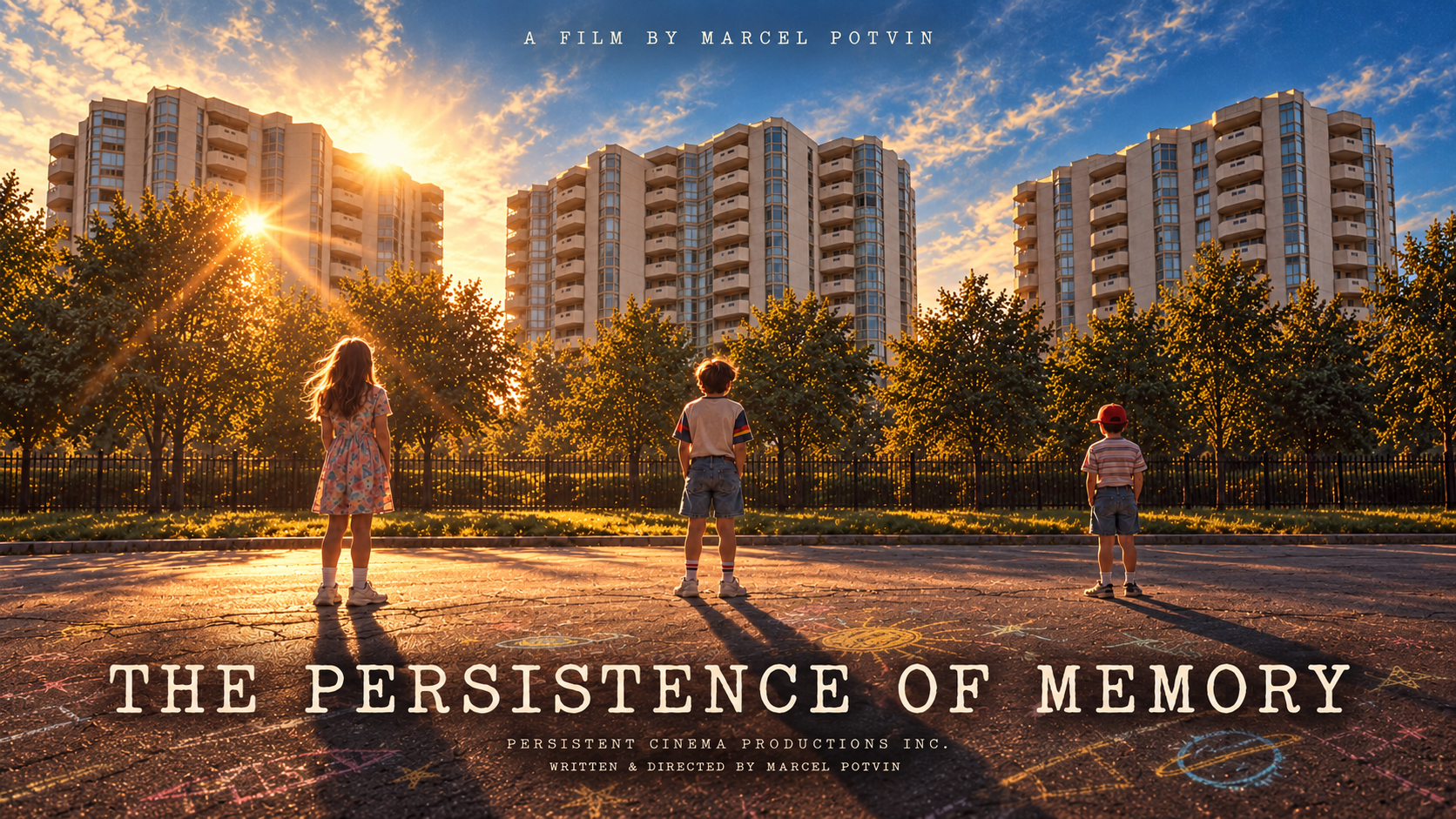 The Persistence of Memory official poster — set in 1990, a 12-year-old girl and two boys aged 10 and 7, seen from behind, stand apart on a chalk-drawn asphalt lot facing three tall condo buildings at sunset as they cope with their parents' divorce. Title: The Persistence of Memory. A film by Marcel Potvin. Persistent Cinema Productions Inc. Written & directed by Marcel Potvin.