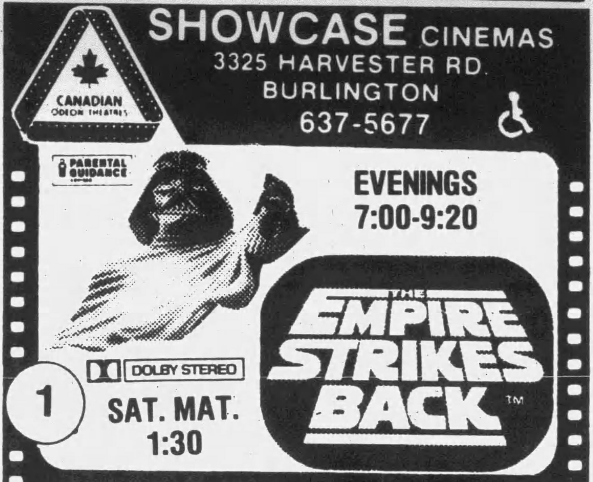 Newspaper ad for Showcase Cinemas, 3325 Harvester Rd., Burlington, phone 637-5677, with the Canadian Odeon Theatres logo. Cinema 1 shows The Empire Strikes Back in Dolby Stereo, rated Parental Guidance, with a drawing of Darth Vader; evenings 7:00 and 9:20, Saturday matinee 1:30.