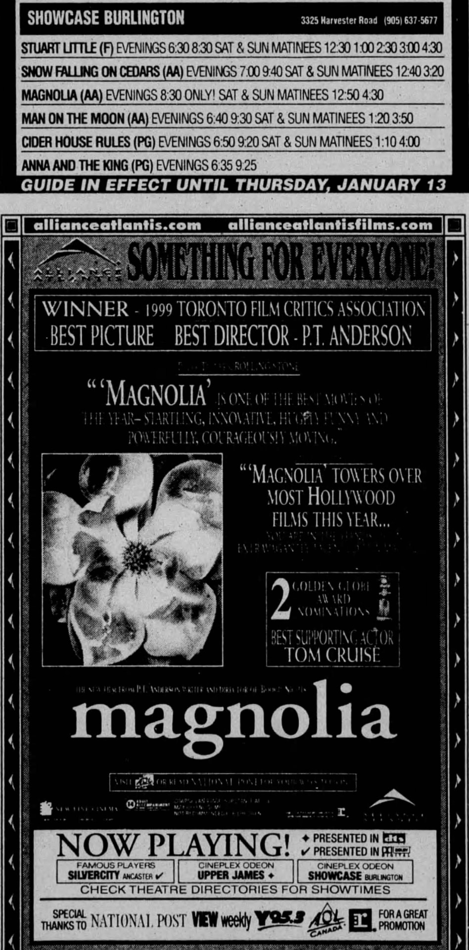 Newspaper clipping topped by the Showcase Burlington showtimes box (3325 Harvester Road, 905-637-5677) listing Stuart Little, Snow Falling on Cedars, Magnolia, Man on the Moon, Cider House Rules and Anna and the King, guide in effect until Thursday, January 13. Below, an Alliance Atlantis ad for Magnolia, 'Something for everyone!', with a magnolia flower, Toronto Film Critics Association Best Picture and Best Director P.T. Anderson, two Golden Globe nominations including Tom Cruise, now playing at SilverCity Ancaster, Upper James and Showcase Burlington.