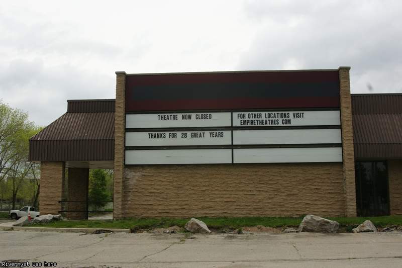 The brick front of Showcase Cinemas on Harvester Road after it closed, its marquee reading 'Theatre now closed', 'For other locations visit empiretheatres.com' and 'Thanks for 28 great years'.