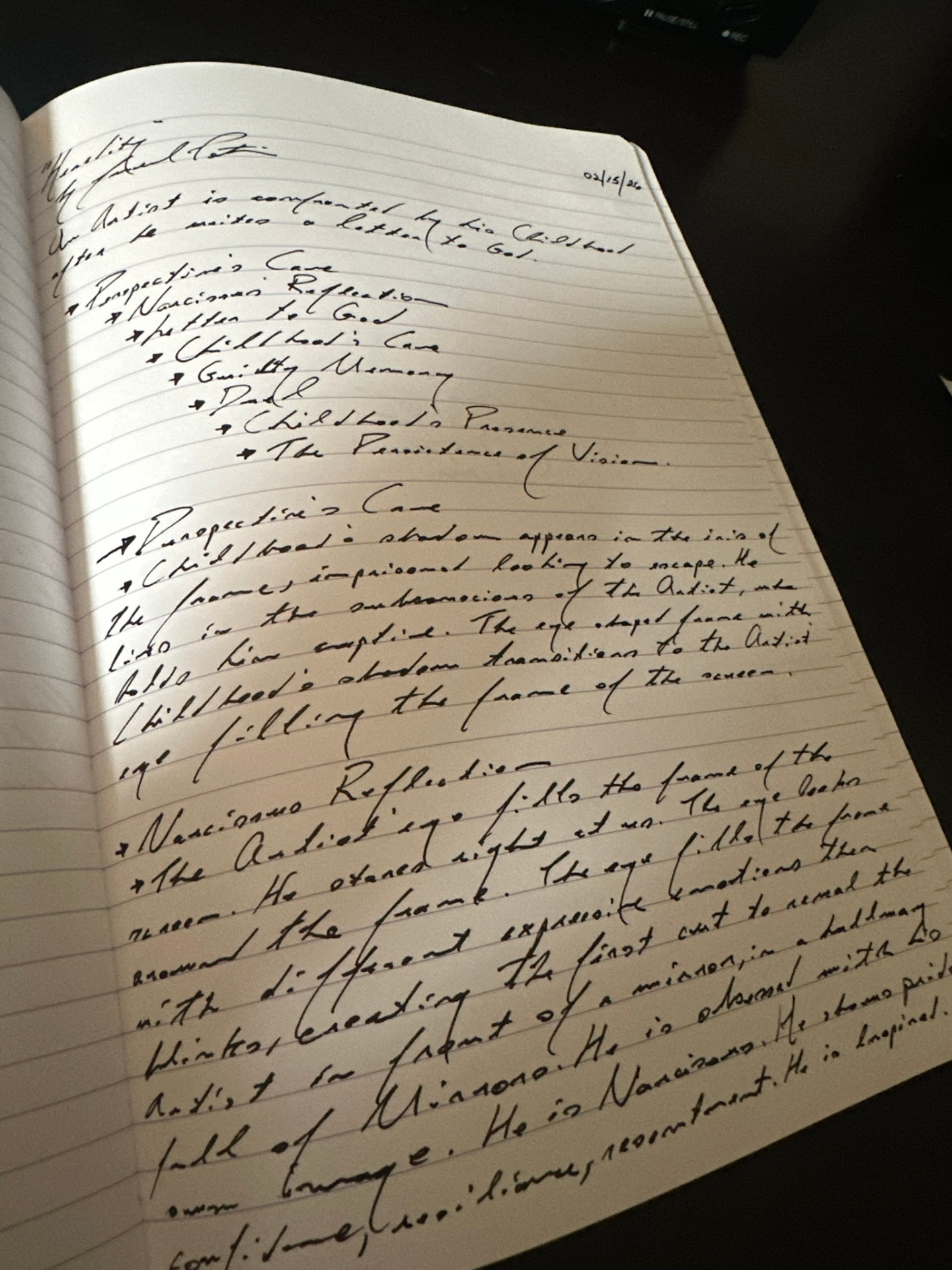 Notebook page in Marcel Potvin's handwriting, dated 02/15/26 and headed Heredity: 'An Artist is confronted by his Childhood after he writes a letter to God,' followed by an outline (Perspective's Cave, Narcissus Reflection, Letter to God, Childhood's Cave, Guilty Memory, Dad, Childhood's Presence, The Persistence of Vision) and the first scene notes