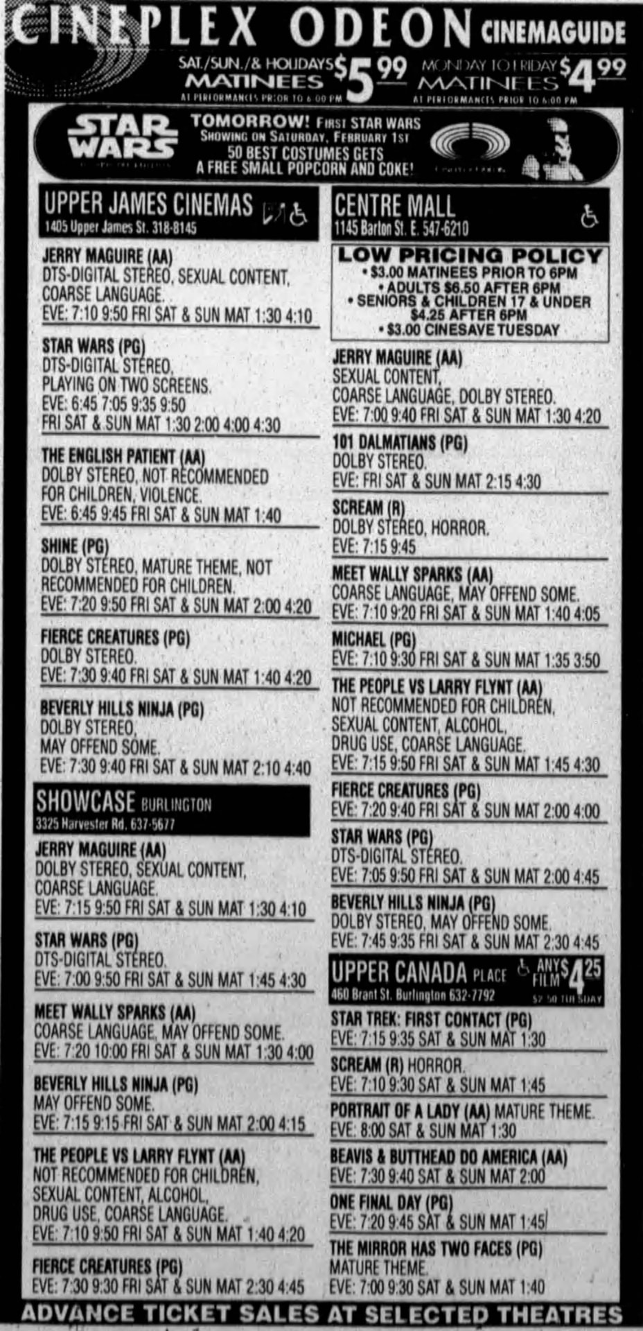 Cineplex Odeon Cinemaguide showtimes listing with matinee prices of $5.99 on weekends and $4.99 weekdays, a Star Wars banner offering free popcorn and Coke for the 50 best costumes at the first showing on Saturday, February 1st, and listings for Upper James, Centre Mall, Upper Canada Place and Showcase Burlington (3325 Harvester Rd., 637-5677), where Jerry Maguire, Star Wars, Meet Wally Sparks, Beverly Hills Ninja, The People vs Larry Flynt and Fierce Creatures were playing.