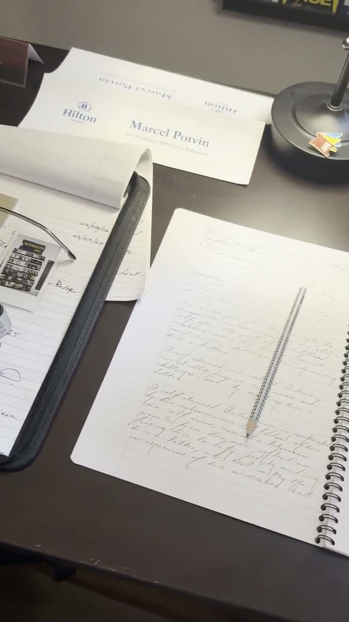 Video of Marcel Potvin's handwritten notebook pages on his desk, with a pencil on the page