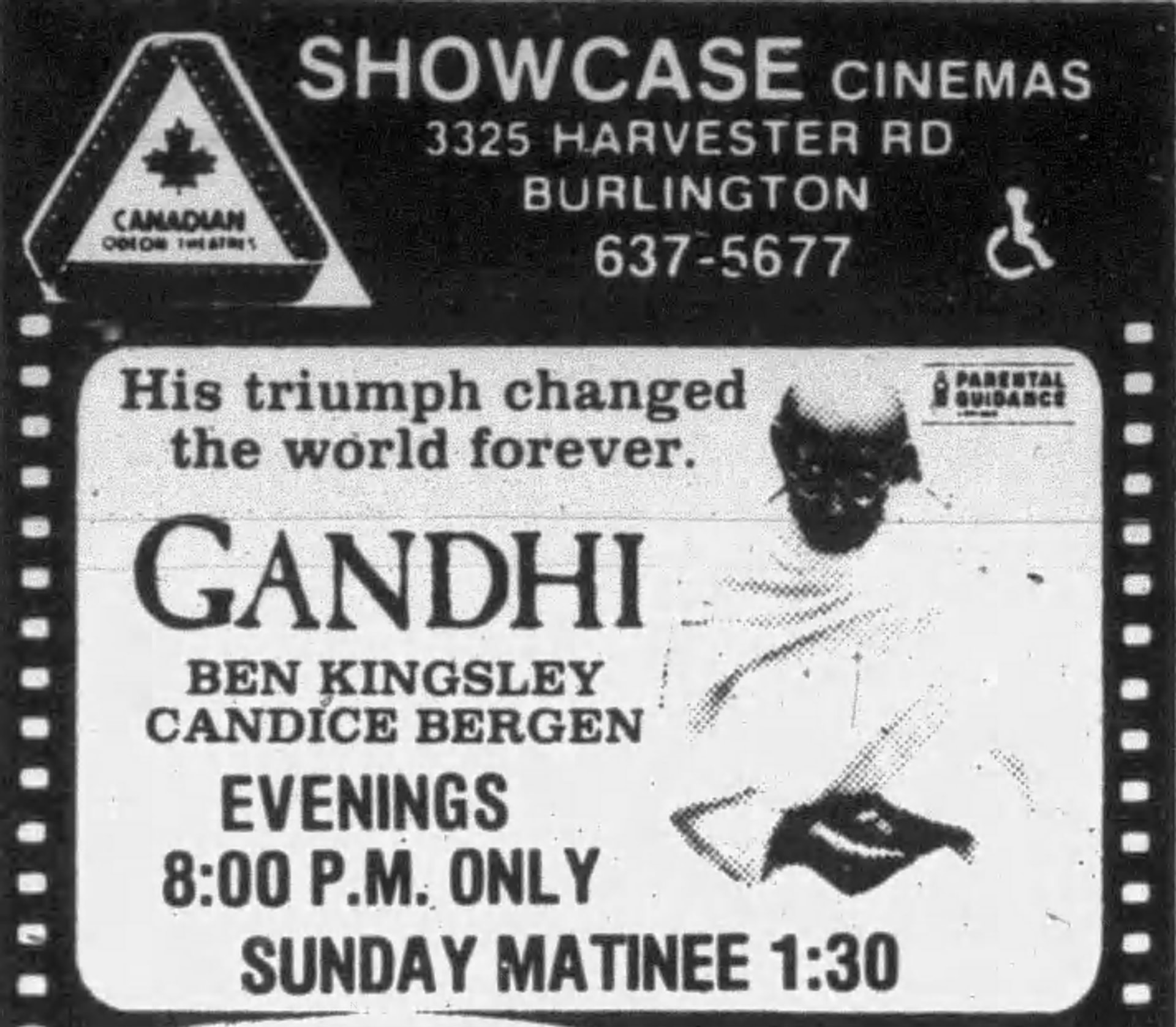 Newspaper ad for Showcase Cinemas, 3325 Harvester Rd, Burlington, phone 637-5677, with the Canadian Odeon Theatres logo inside a film-strip border. It shows Gandhi starring Ben Kingsley and Candice Bergen, rated Parental Guidance, with a drawing of Gandhi and the line 'His triumph changed the world forever'; evenings 8:00 p.m. only, Sunday matinee 1:30.