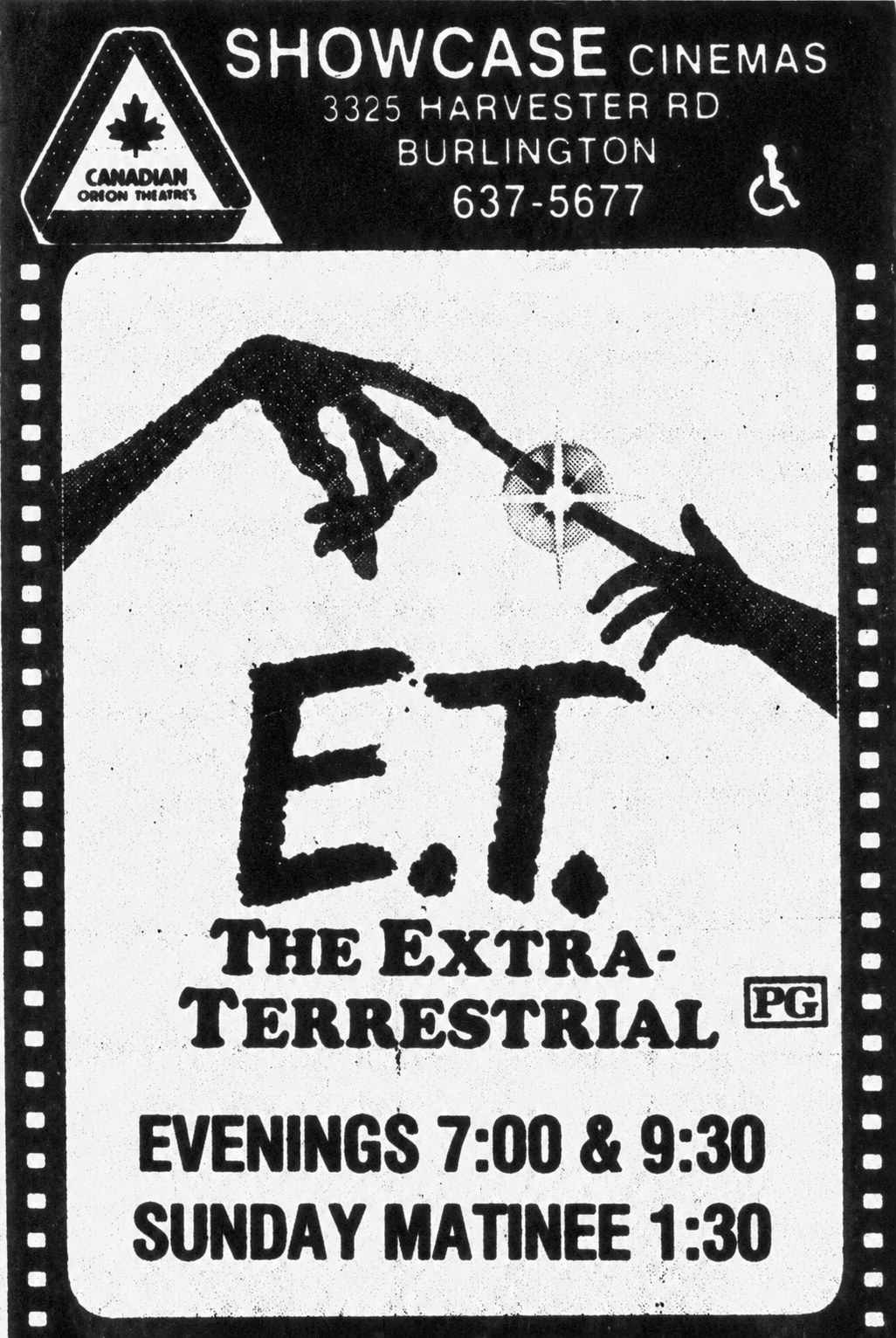 Newspaper ad for Showcase Cinemas, 3325 Harvester Rd., Burlington, phone 637-5677, with the Canadian Odeon Theatres logo inside a film-strip border. It shows E.T. the Extra-Terrestrial, rated PG, with the famous drawing of an alien finger and a child's finger about to touch; evenings 7:00 and 9:30, Sunday matinee 1:30.