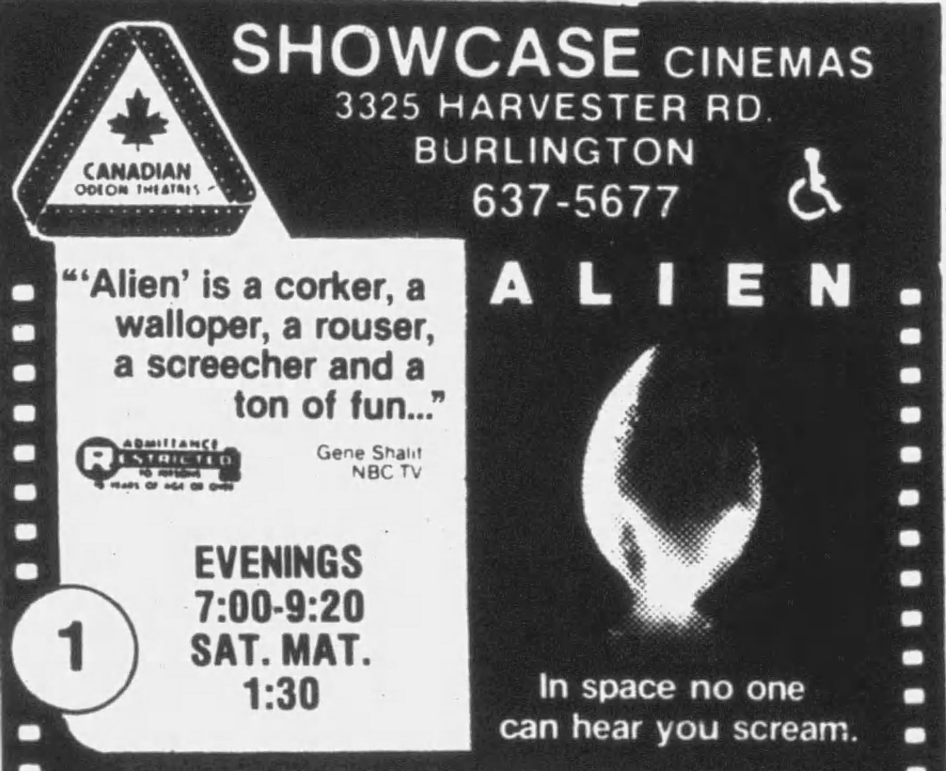 Newspaper ad for Showcase Cinemas, 3325 Harvester Rd., Burlington, phone 637-5677, with the Canadian Odeon Theatres logo inside a film-strip border. Cinema 1 shows Alien, rated Restricted, with the glowing cracked egg and the line 'In space no one can hear you scream', plus Gene Shalit's quote calling it 'a corker, a walloper, a rouser, a screecher and a ton of fun'; evenings 7:00 and 9:20, Saturday matinee 1:30.